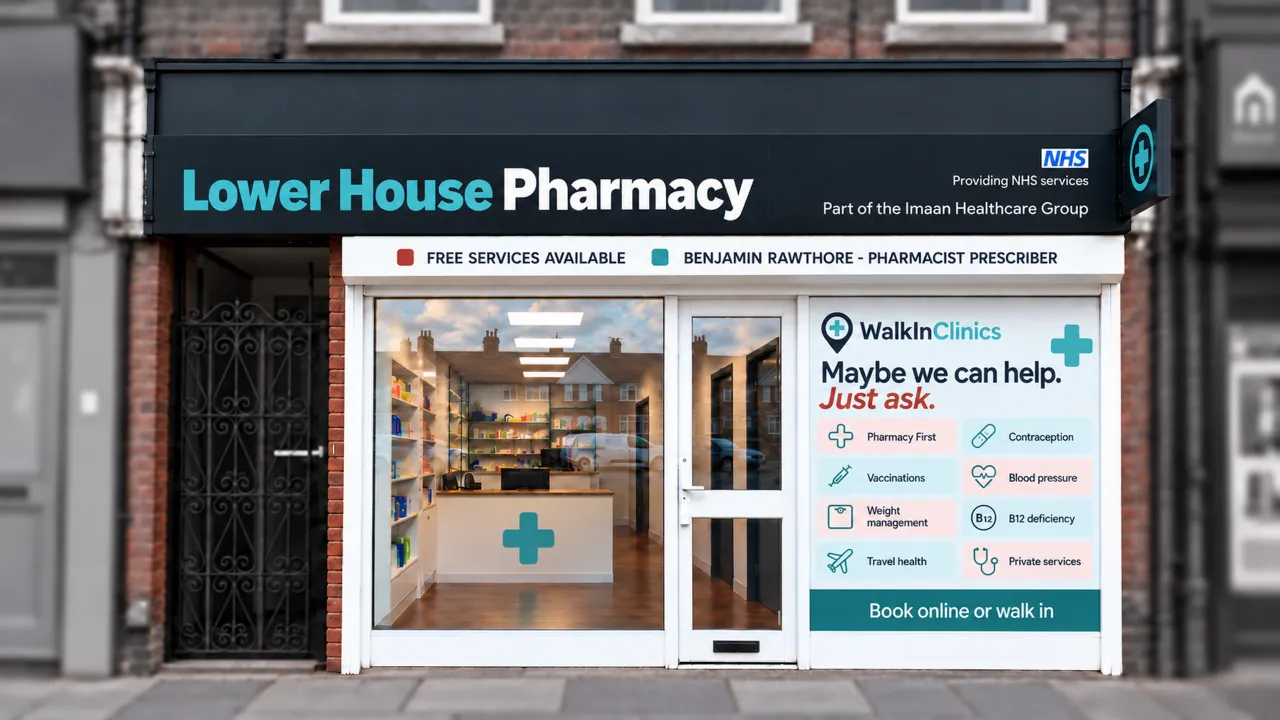 Lower House Pharmacy's shopfront, with its sign and window